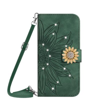 VQWQ Wallet Case for OPPO Realme 10 5G - 1.5M Strap Glitter Shinny Sunflower Flip Leather Case Card Slot Shockproof Kickstand Magnet Cover for OPPO Realme 9i 5G / Realme 10 5G HT -Green-T
