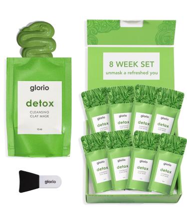 Glorio DETOX: 8 Cleansing Clay Face Mask Treatments - Rare Green Clay - 8 Week Beauty Set - Minimizes Pores Blackheads Breakouts - Glycolic + Salicylic Acid Indian Clay Spa Gift Set Face Skincare Detox - Cleansing (8 Treatments)