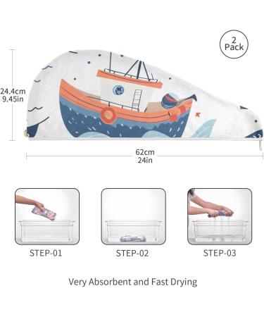 Boats Waves Hair Towel 2 Pack - Super Absorbent Quick Dry Hair Turbans for Women & Girls | Ideal Hair Drying Towel with Button Wrap - Buy Online on GoSupps.com