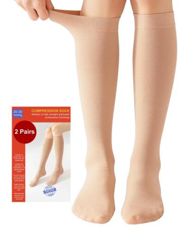 2 pairs of medical compression stockings women & men 20-30 mmHg class 2 closed toe area graded support support stockings for varicose veins edema flight xl 2x beige
