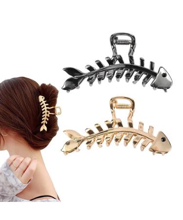 2 Pcs Fish Bone Hair Clips Large Metal Hair Claw Clips Non-slip Hollow Hair Clamp Clips Geometric Hair Clamp Fashion French Hair Grip Accessories for Women Thick or Thin Hair Black and Gold