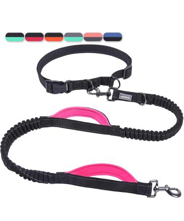 Vivaglory free-handed dog leash with double anti-shock bungees and padded handles reflective waist running leash for training jogging for medium large dogs black/pink M: fits the waist 83-147cm black/pink