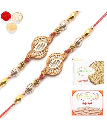 Ghasitaram Gifts Rakhi for Brother Rakhis Online - Set of 2 WO-13 Diamond Rakhi with 200 GMS of Kaju katli & 200 GMS of Soan Papdi 2 Rakhis with 200 gms of Kaju katli and Soan Papdi
