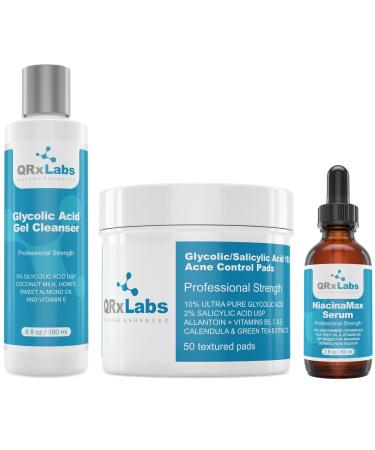 QRxLabs Acne Care - Acne Control Pads with 10% Glycolic + 2% Salicylic Acid Niacinamide Serum for Enhanced Penetration Glycolic Acid Face Wash for Clear Smooth Skin - 3 Powerful Formulas Acne Care Set