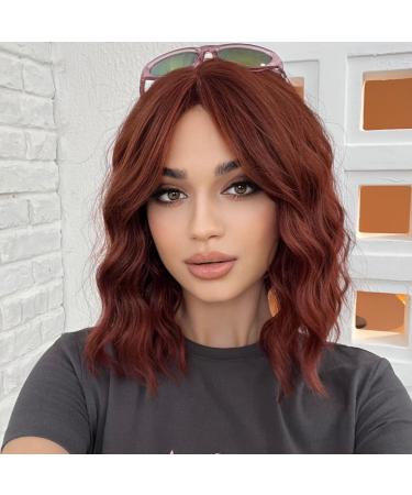 WOKESTAR Bob Curly Wig with Fringe Short Synthetic Wavy Wigs for Women Copper Color 12 inch Copper