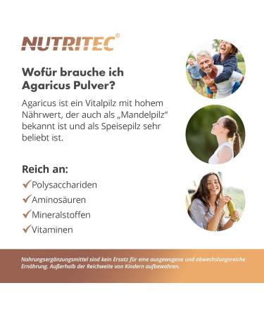 Nutritec Agaricus Vital Fungus - 120 Vegan Capsules | Dietary Supplement with Almond Fungus Powder & Acerola Extract | No Additives | International Shipping - Buy Online on GoSupps.com