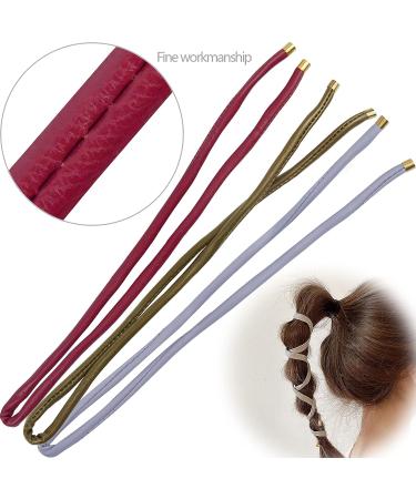 3Pcs Leather Hair Ties Ponytail Holders - Red Brown Grey | French Hairstyle Wraps - Buy Online on GoSupps.com
