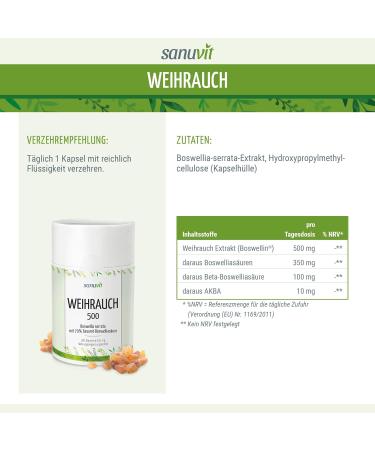 Sanuvit Frankincense Capsules 500mg | High Dose Boswellia Serrata | Vegan | 180 Capsules with Premium Boswellin for Optimal Bioavailability - Buy Online on GoSupps.com