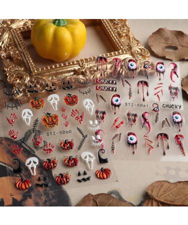 Halloween Nail Stickers 5D Self Adhesive Acrylic Realistic Eyes Bone Spider Embossed Sliders Gel Polish Decal 4Sheets - Buy Online on GoSupps.com