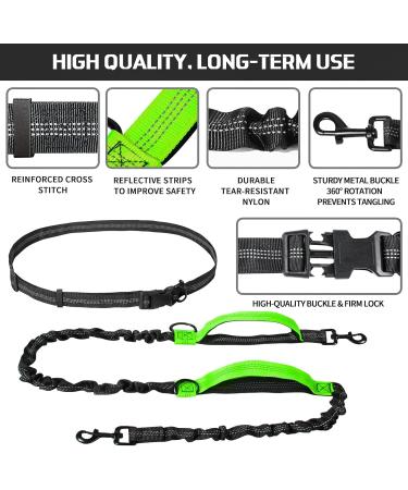 Unipampa Jogging Dog Leash - Hands-Free Leash with Belly Belt for Small & Medium Dogs | Reflective Adjustable 120-170 cm Double Handle Green - Buy Online on GoSupps.com