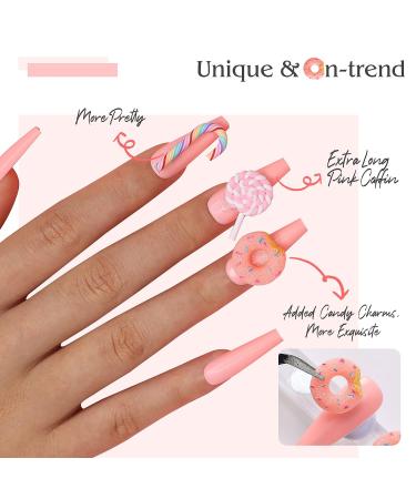 Kikmoya 3D Candy Design Extra Long Coffin Press on Nails - 24pcs Glossy Pink False Nails for Women and Girls - Buy Online on GoSupps.com