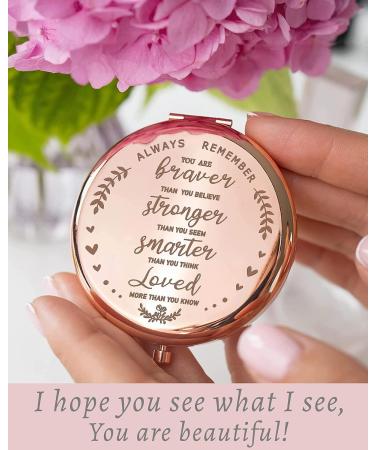 Hiipeenow Rose Gold Compact Mirror - Inspirational Gift for Women - Braver Than You Believe - Birthday Encouragement - Buy Online on GoSupps.com