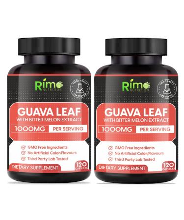 Rimo Nutrition Lab Tested Pack of 2 Rimo Guava Leaf Extract with Bitter Melon 120 Veg Capsules Each 1000 mg Per Serving (240 Capsules)