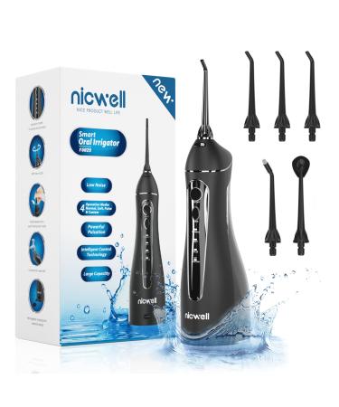 Water Dental Flosser Cordless for Teeth - Nicwell 4 Modes Dental Oral Irrigator Portable and Rechargeable IPX7 Waterproof Powerful Battery Life Water Teeth Cleaner Picks for Home Travel (Black)