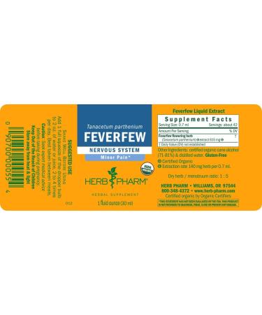 Herb Pharm Certified Organic Feverfew Liquid Extract - 1 Oz for Minor Pain Support | International Shipping Available - Buy Online on GoSupps.com