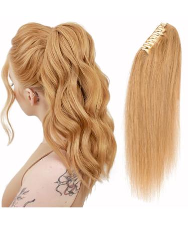 SEGOHAIR Claw Clip Ponytail Hair Extensions Human Hair Real Hair Straight Remy Hair Extensions 14 Inch Ponytail Extension -Strawberry Honey Blonde(115g)