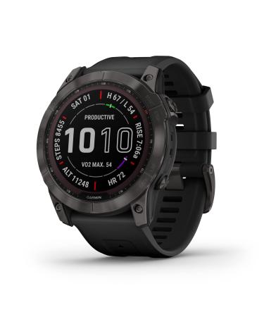 Garmin fenix 7X Sapphire Solar, Larger adventure smartwatch, with Solar Charging Capabilities, rugged outdoor watch with GPS, touchscreen, wellness features, carbon gray DLC titanium with black band
