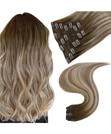 Easyouth Clip in Hair Extensions Brown to Blonde Balayage Clip in Real Hair Ombre Remy Clip in Extensions 120g 7Pcs 18 Inch Double Weft Clip in Human Hair Extensions 18" 2-7Pcs Clip #3/8/22