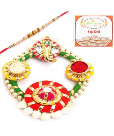 Ghasitaram Gifts Rakhi Gifts for Brothers Colourful Acrylic Pooja Thali with Pearl Rakhi with 200 GMS of Kaju katli