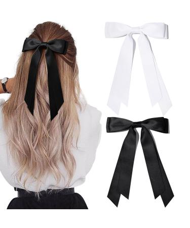 2PCS Silky Satin Hair Bows Hair Clip Black White Hair Ribbon Ponytail Holder Accessories Slides Metal Clips Hair Bow for Women Girls Toddlers Teens Kids Black & White