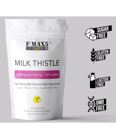 Milk Thistle (80% Silymarin) Tablets - High Strength 4000mg Supplement 120 Tablets (2 per Serving) - Not Capsules or Tincture - Vegan GMO-Free Gluten-Free UK Made - Buy Online on GoSupps.com