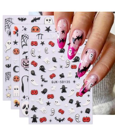 JMEOWIO 3D Embossed Halloween Nail Art Stickers Decals Self-Adhesive 5D Cute Star Ghost Nail Supplies Nail Art Design Decoration Accessories 4 Sheets