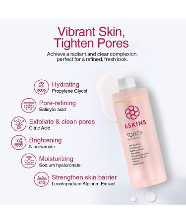 6SKINS Pore Refining Toner for Face with Salicylic Acid (BHA) & Glycolic Acid (AHA) - Hydrating Korean Skin Care Face Toner for Women - Pore Minimizer for Face, Brightens & Moisturizes Skin - 150 ml - Buy Online on GoSupps.com
