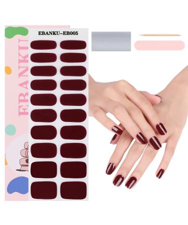 EBANKU Semi Cured Gel Nail Strips 20 Stickers Dark Red Gel Nail Polish Stickers Wraps Adhesive Gel Nail Stickers with Nail File Stick and Sealing Strip (UV/LED Lamp Required)