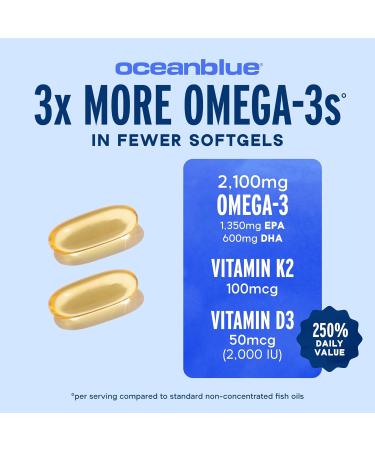Oceanblue Professional Omega-3 2100 with Vitamin K2 and Vitamin D3-60 Count - Triple Strength Burpless Fish Oil Omega-3 Supplement with EPA DHA & DPA - Wild Caught - Orange Flavor 30 Servings 60 Count (Pack of 1) - Buy Online on GoSupps.com