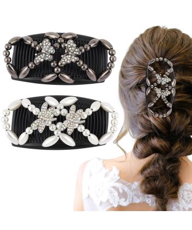 Beads Hair Comb 2pcs Magic Elastic Hair Combs Double Clips Hair Holder Stretch Double Side Combs Clips for Women Girls Hair Accessory DIY Hair Styling Tool(Black White)