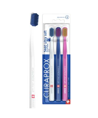 Curaprox toothbrush set CS 5460-3-pack ultra soft hand toothbrush for adults 5460 with super soft cure bristles-white dark blue pink