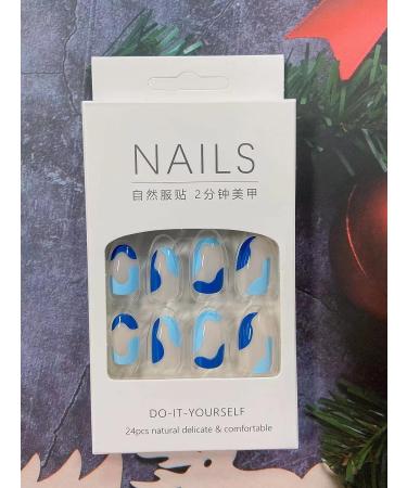 24 Pcs Blue Press on Nails - Short Oval Shape Almond Glossy False Nails with French Stripe Wave Design - Artificial Finger Manicure for Women and Girls - Buy Online on GoSupps.com