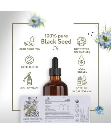 HBNO Organic Black Seed Oil 4 oz (120ml) - USDA Certified, Cold Pressed, 100% Pure Black Cumin Seed Oil for Face, Body, Hair - Organic Black Seed Oil for Shampoo & Condition - 4 Fl Oz - Buy Online on GoSupps.com