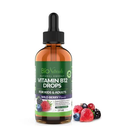 Bio Naturals Vitamin B12 Liquid Drops for Adults & Kids - 100% Natural Sublingual Methylcobalamin - Highest Absorption - Energy & Brain Booster Helps with Fatigue & Weakness - Wild Berry - 2 fl oz