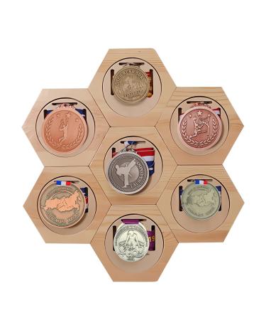 Drosica Medal Hanger Display Wooden Honeycomb Medal Display for Medals Earned Through Triathlons, Gymnastics, Football, Basketball, Running, Swimming, Military, Games, and Any Competition (7 pcs)