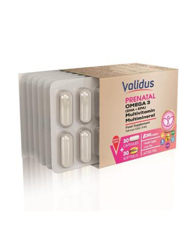VALIDUS Prenatal 30 Capsules (Drcaps) + Omega 3 DHA 350 EPA 70 mg 30 Softgel Blister Set