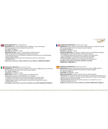 Vita World Zinc Citrate 30 mg Pure Zinc 60 Capsules Made in Germany - Buy Online on GoSupps.com
