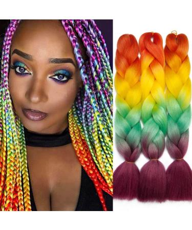 Tess Braids Extensions 60 cm | Jumbo KanCalon Ombre Hair Braids | 100g Single-Laid Box Braids - Orange/Yellow/Green/Pink - Buy Online on GoSupps.com