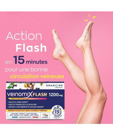 GRANIONS Veinomix Flash 1200 mg: venous circulation heavy legs hemorrhoids - Plants (horse chestnut small holly) vitamins minerals - 30 flash release tablets made in France - Buy Online on GoSupps.com
