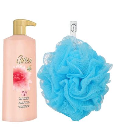 Caress Daily Silk Body Wash 25.4 oz. with Pump for Noticeable Silky Soft Skin - White Peach and Orange Blossom - Bundled with Bath Sponge