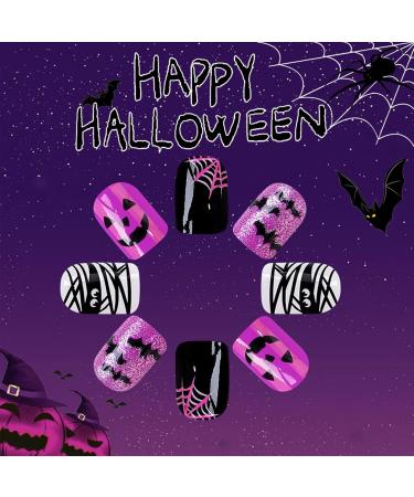 Shop 24pcs Halloween Press On Nails - Ghost Face Bats & Spider Web Designs | Glossy Gel Glue False Nails for Women & Girls - Buy Online on GoSupps.com