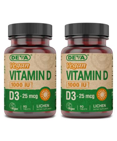 Deva Vegan Vitamin D3 Supplement - Once-Per-Day Tablet with 1000 IU - Cholecalciferol - Lichen Plant Derived - 90 Small Tablets 2-Pack