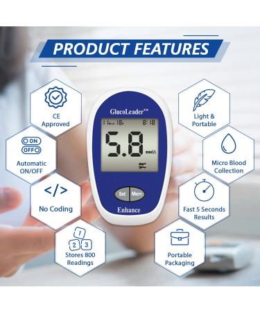 GlucoLeader Enhance Blood Sugar Monitor Kit - 800 Memory Diabetes Testing, CE & ISO Certified, Made in Taiwan - 10 Strips & 10 Lancets Included - Buy Online on GoSupps.com