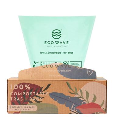 ECO WAVE 100% Compostable Trash Bags, 3 Gallons, 100 Bags, ASTM D6400, EN 13432, US BPI and Europe OK Compost Home Certified