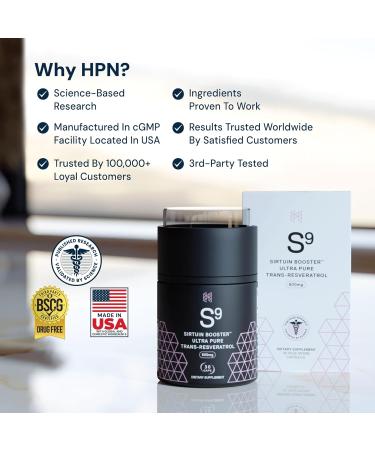 HPN S(9) Sirtuin Booster Ultra Pure Trans Resveratrol Healthy Aging Antioxidant Supplement High Performance Nutrition 30 Capsules - Buy Online on GoSupps.com