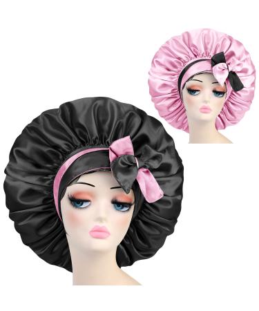 Satin Silk Bonnet Hair Cap: Extra Large Jumbo Adjustable Double Layer Reversible Sleeping Satin Lined Bonnets Night Cap for Women Dreadlocks Braids Long Curly (1ct Style1) Pink Black&Pink