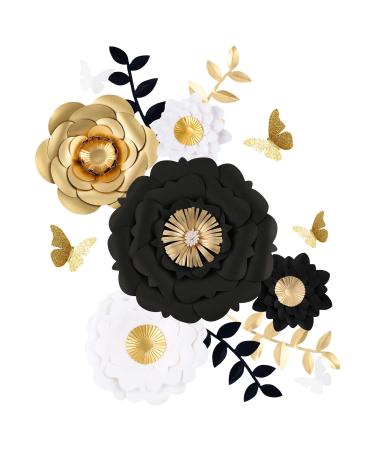 Fonder Mols 3D Paper Flower Decorations(Set of 13, White Black Gold), Giant Paper  Flowers for Wedding Backdrop, Graduation