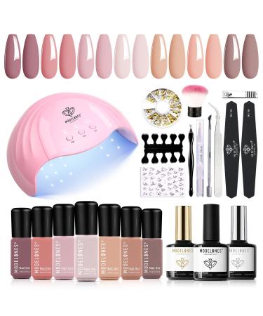 Modelones Gel Nail Polish Kit With 48w UV Led Nail Lamp Starter Kit 22 Pcs Nude Pink Soak Off Nail Gel Polish Set No Wipe Base & Top Coat Bond Primer Diy Home Nail Curing