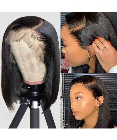 HerSmile 10 Inch Straight Bob Human Hair Lace Front Wig for Black Women - Pre Plucked HD Lace Frontal, 180% Density, Natural Color, 13x4 Design - Buy Online on GoSupps.com