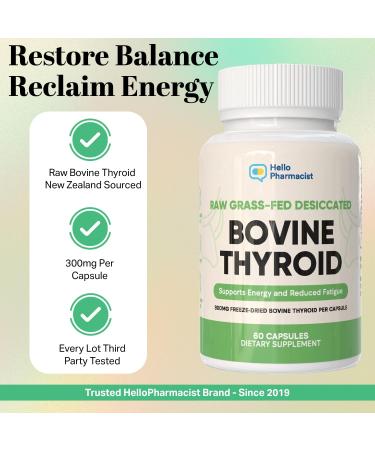 Raw Desiccated Bovine Thyroid 300mg Per Capsule - Energy & Metabolism Support - New Zealand Sourced Grass Fed Freeze-Dried Glandular Bovine Beef Thyroid Non-GMO Tested for Impurities - 60 Capsules - Buy Online on GoSupps.com